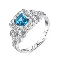 CZCITY gerçek 925 ayar gümüş mavi renk Topaz taş moda mavi nişan yüzüğü beyaz altın kaplama
