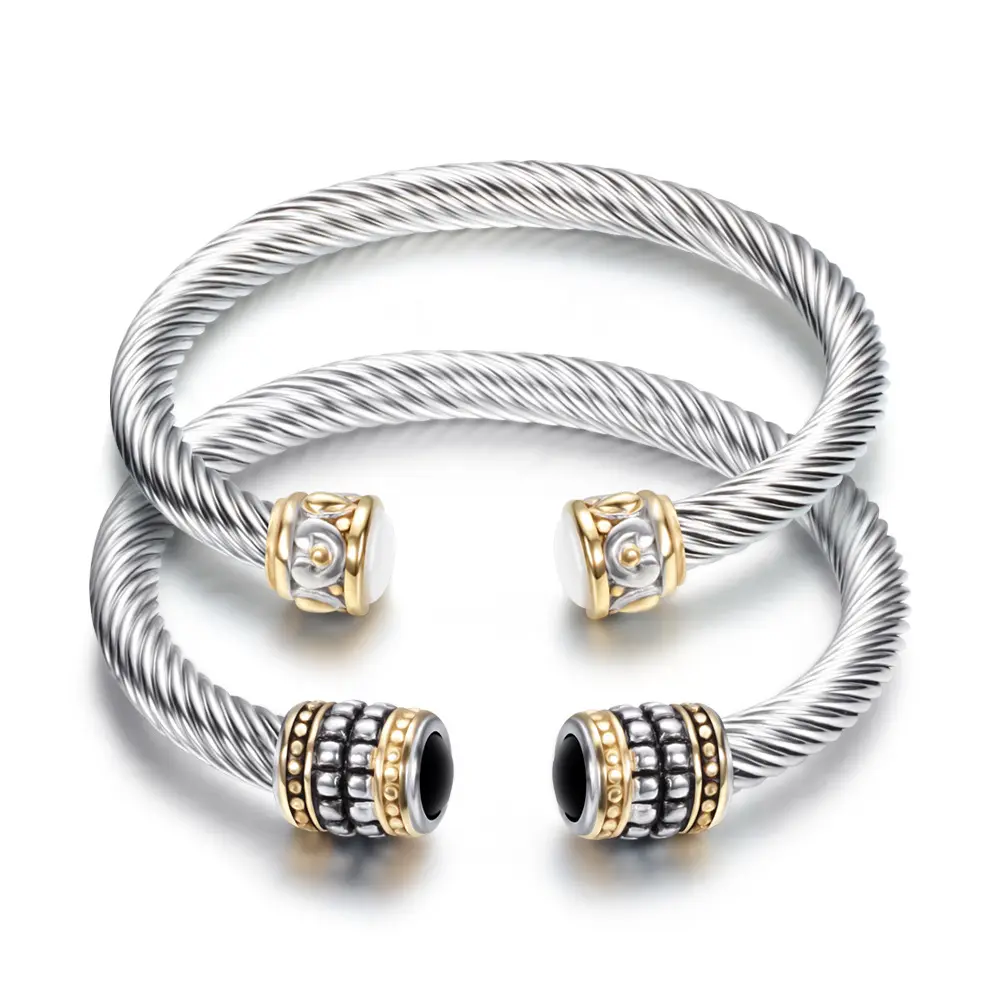 women men stainless steel jewelry semi-precious stone cable wire twisted cuff bracelet