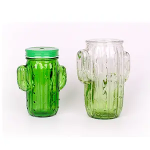 热销 420毫升仙人掌设计绿色玻璃梅森罐与把柄和金属盖子