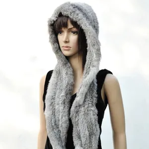 CX-C-05B Genuine Rabbit Fur Hooded Scarf Hat