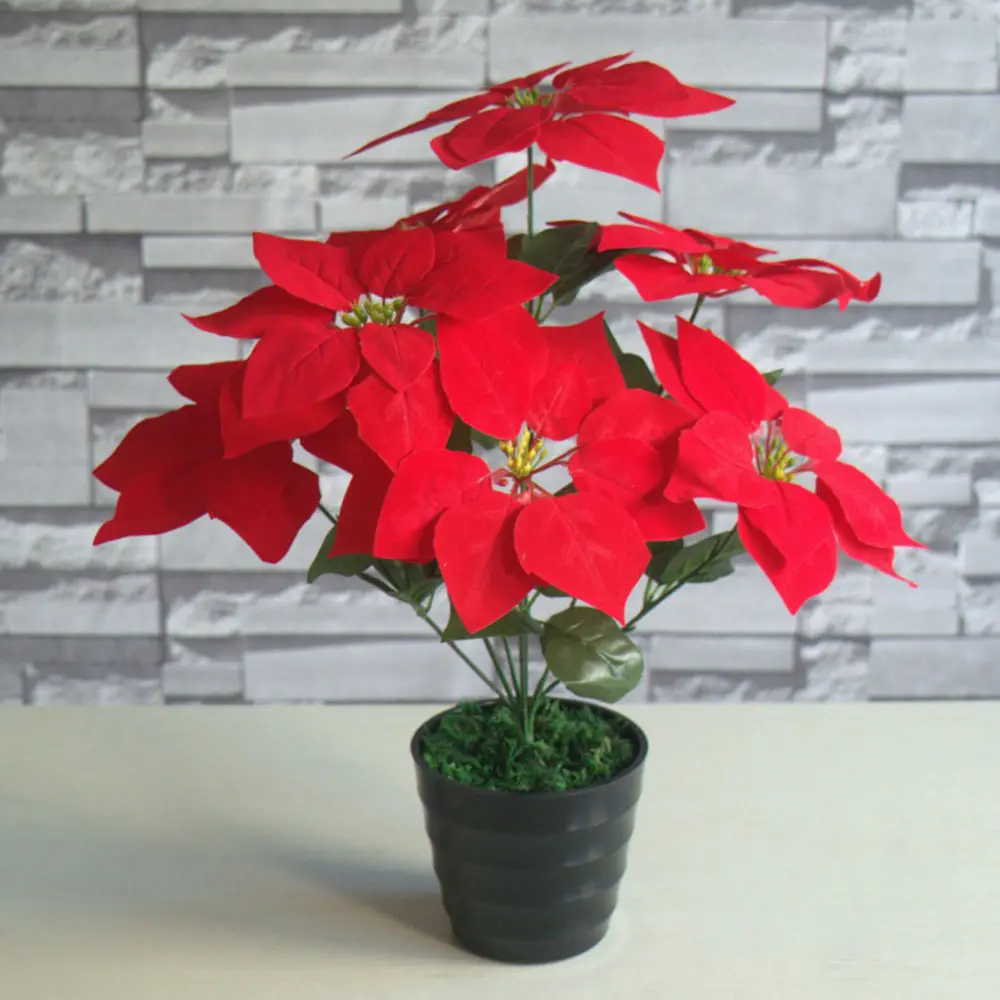 7 cabezas de Navidad Artificial ramo de flores de terciopelo rojo de Navidad flores Poinsettia flores artificiales