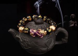 ZN001 Huilin Feng Shui perline di <span class=keywords><strong>ossidiana</strong></span> Mantra intagliato a mano in metallo dorato termocromico osso Pi Yao <span class=keywords><strong>bracciale</strong></span> - Product Image 4