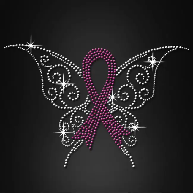 Nuovo arrivo farfalla nastro rosa cancro al seno di strass trasferimento di calore