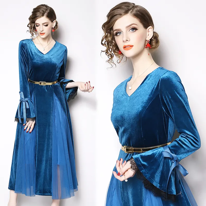 China best selling autumn new fashion elegant blue v neck slim a-line velvet patchwork mesh long sleeve women casual midi dress