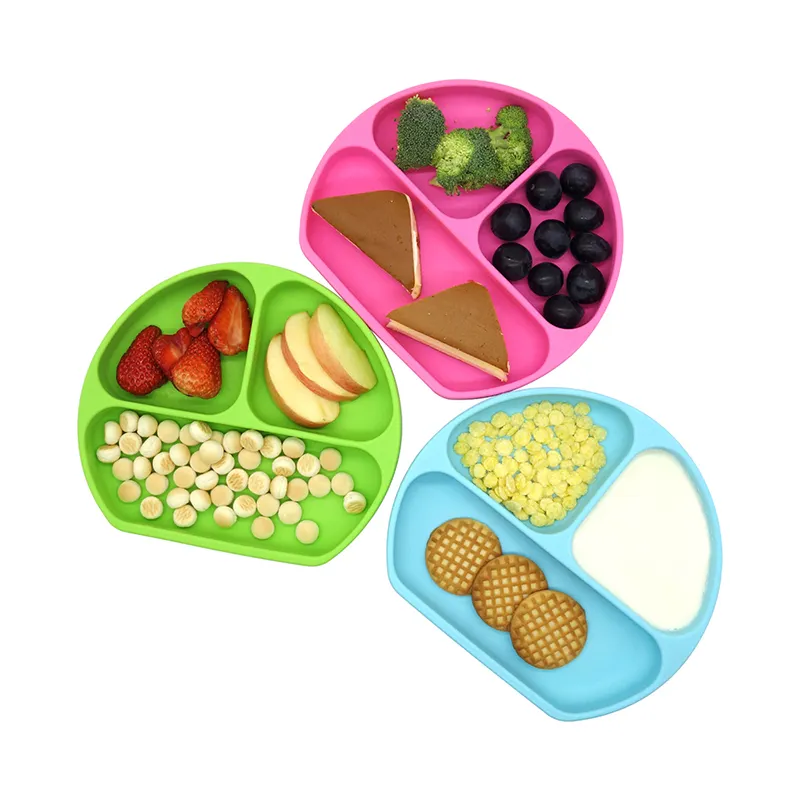 Custom BPA Free Toddler Tableware Kids Dinnerware Rubber Child Plate Baby Feeding Silicone Suction Plate Baby Divided Plate
