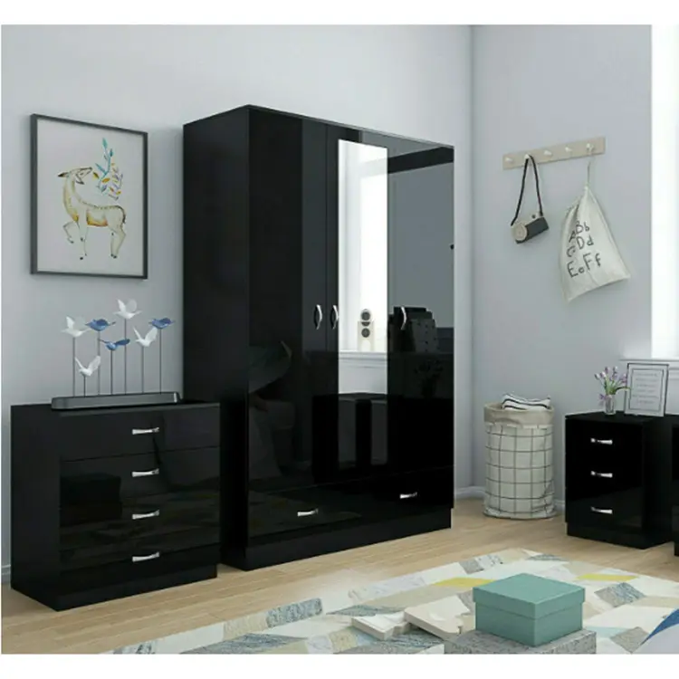 Черная глянцевая мебель для спальни-3 двери зеркальные мягкого закрытия дверцы шкафа, обхват груди и прикроватная тумбочка