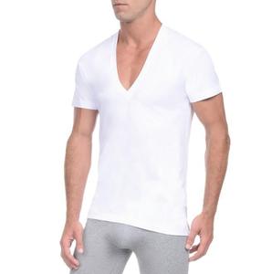 Alta calidad en blanco 95% algodón 5% <span class=keywords><strong>Elastano</strong></span> para hombre ajuste holgado cuello en V profundo camiseta impresión personalizada - Product Image 4