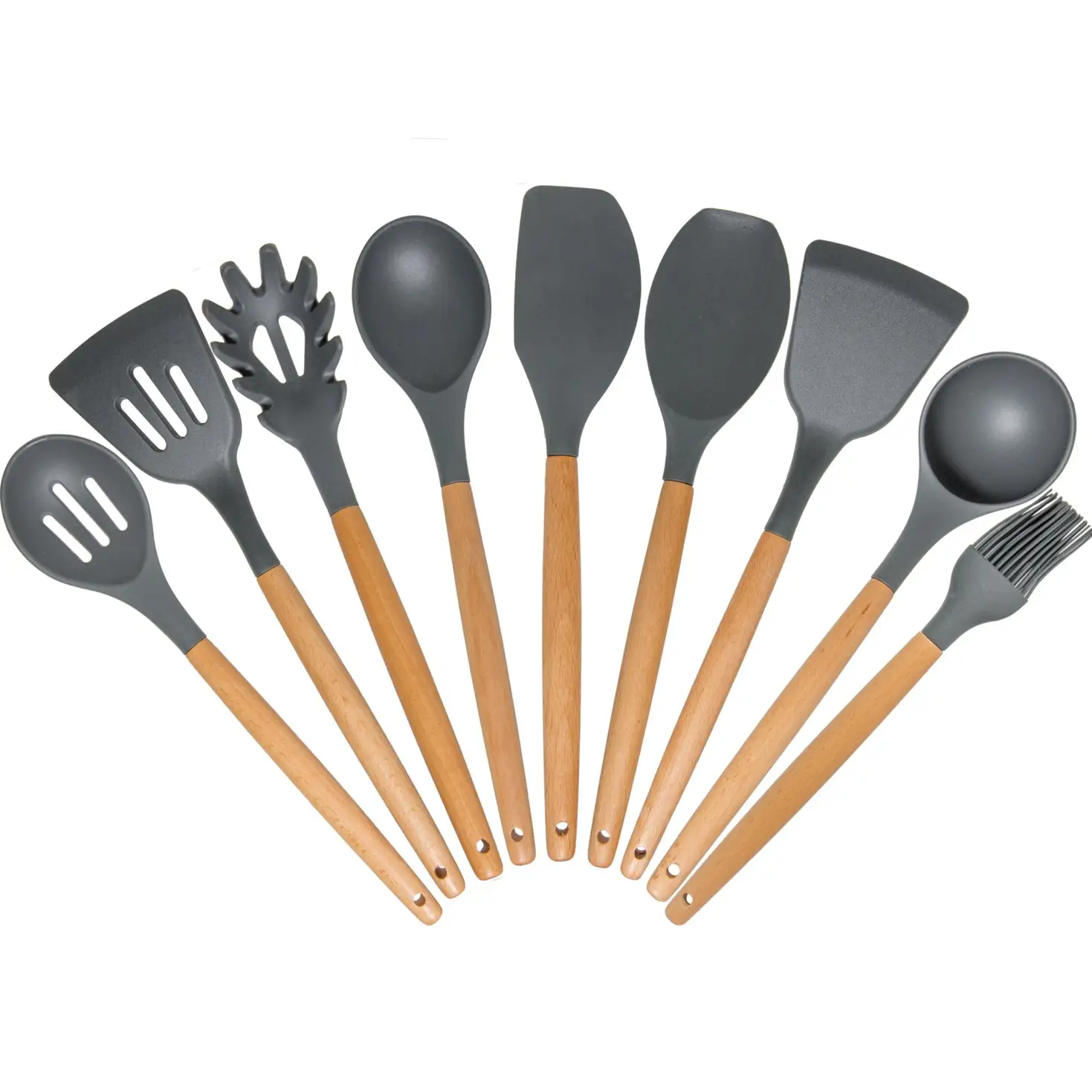 9 Pieces Gourmet Natural Wooden Handles Silicone Kitchen Cooking Tool Set