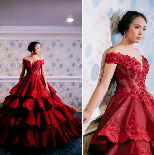 Real actual Off the shoulder appliqued lace beaded ruffled skirt plus size Puffy Ball gown customized Red wedding gowns MWA212