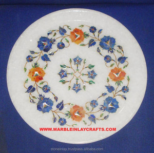 Magnifique Assiette Ronde Exclusive Faite à la Main en Marbre Blanc avec Incrustation Fine et Nacre Brillante pour Cadeau de Mariage et Décoration Intérieure - Product Image 1