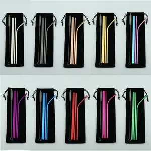 metal eco drinking straws custom laser logo color straw 304 stainless steel hot sale straw with bag pouch