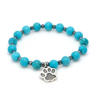 Turquoise nature stone beaded string bracelet with custom dog paw charm wholesale