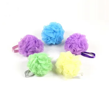 Promocional Colorido Soft Plastic Ribbon Handle Nice Bath Pouf Sponge aceitar ordens do OEM e do ODM