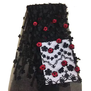 MH104 Black lace with red flowers high quality african organza lace fabric