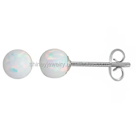 925 Silver high quality white fire opal studs round 4mm ball silver opal earring