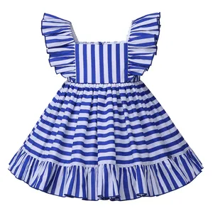 Pakaian balita biru bergaris musim panas gaun cantik pesta manis anak-anak Midi kasual lengan pendek usia 2 sampai 14 tahun untuk anak perempuan