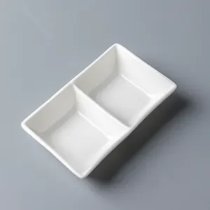 4 Inch Rectangle Sauce Dish Divided White Sauce Dishes Restaurant Tableware Saucer 2 Compartments Ceramic Soy Sauce Plate Carton