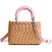 Alla moda tessuto fatto a mano sacchetto di spalla della signora borsa da spiaggia borse di paglia con manico in pelle