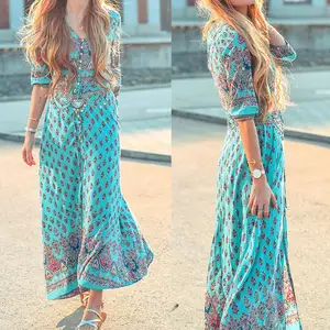 Women Boho V-Neck Floral Long Maxi Summer Beach Dress