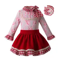 2022 OEM Pettigirl цветочные платья для детей с длинным рукавом Топы и красная юбка наряд для девочек оптом