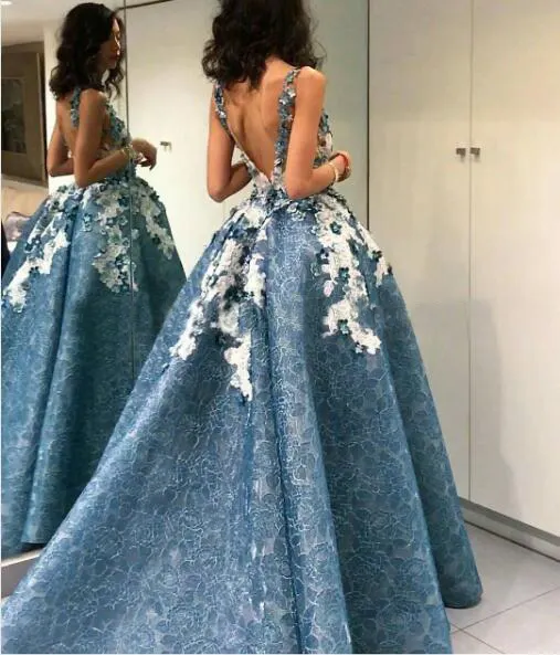 프랑스 블루 하이 로우 섹시한 오픈 백 레이스 공주 웨딩 드레스