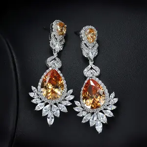 Luxury long big flower zircon diamond copper dangler jhumka design earring