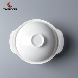 Louça de porcelana branca redonda 260ml, para restaurante, tigela de sopa, pote de vapor com tampa, alça de cerâmica com 2 grau ab