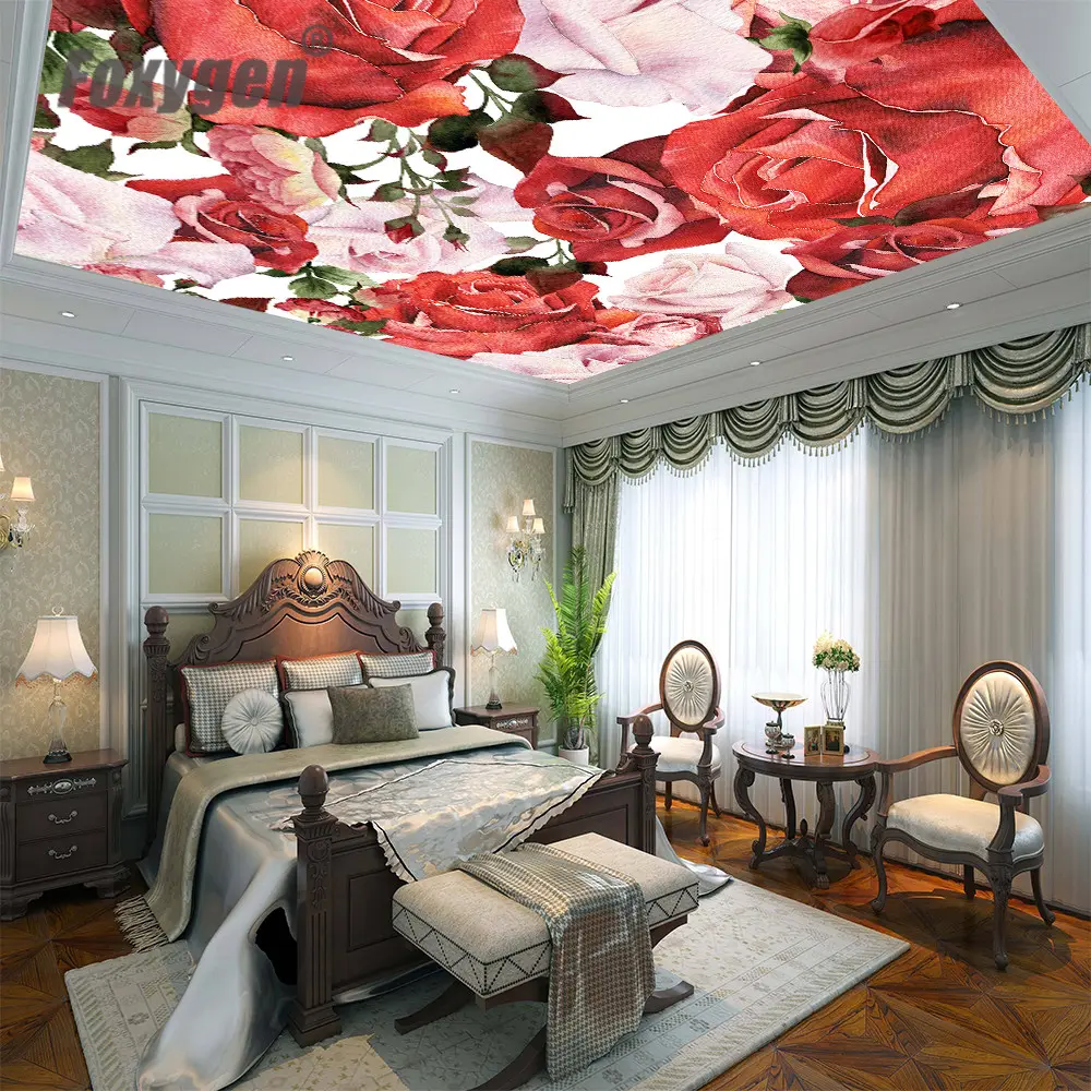 rose flower painting art designs for ceiling decoration 3D printed PVC Stretch Ceiling