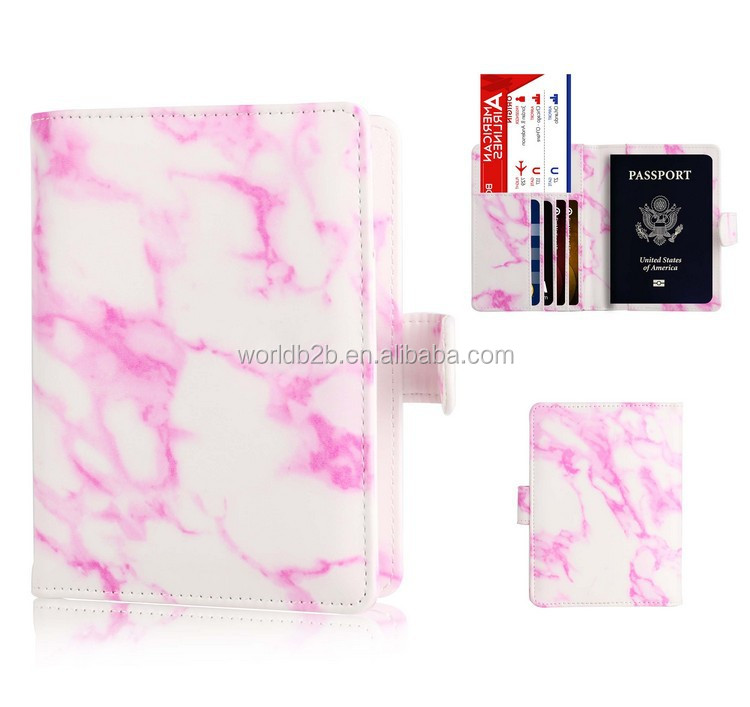 Мраморные держатели для паспорта из искусственной кожи с блокировкой сигналов RFID для кредитных карт/паспортов с застежкой