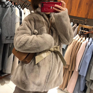 Scaldino di inverno Del Collare Del Basamento Della Chiusura Lampo Chiusura Naturale Grigio <span class=keywords><strong>Beige</strong></span> di Colore Lungo Reale di Lusso Giacca di Pelliccia di Visone Cappotto con la Cinghia per delle donne - Product Image 5