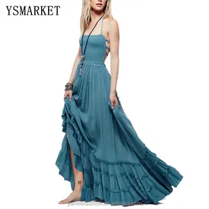 New Boho Summer Crinkly Strapless Maxi Dress Halter Tie Beach Dresses Linen Seam Hem Vestidos Low Strappy Back EA8118