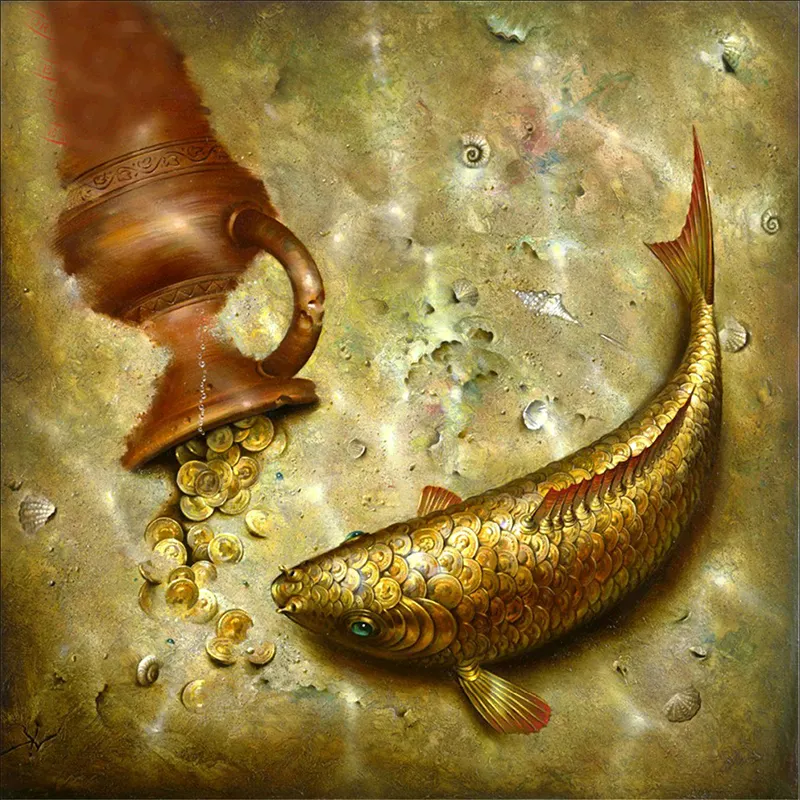 سمكة ذهبية وعاء فريدة من نوعها أرقام الطلاء قماش اللوحة بدون إطار