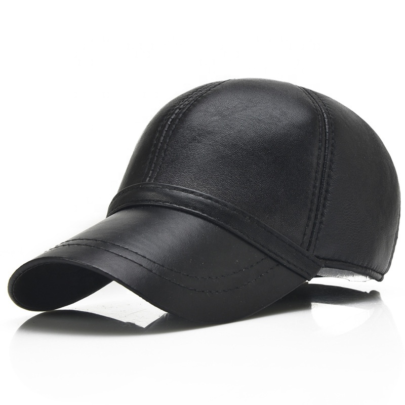 Blank Black Genuine Leather 6-Panel Baseball Cap for Men & Women