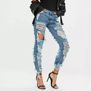 Fancy girls stylish scratch trousers guangzhou female women ripped destroyed denim damaged jeans