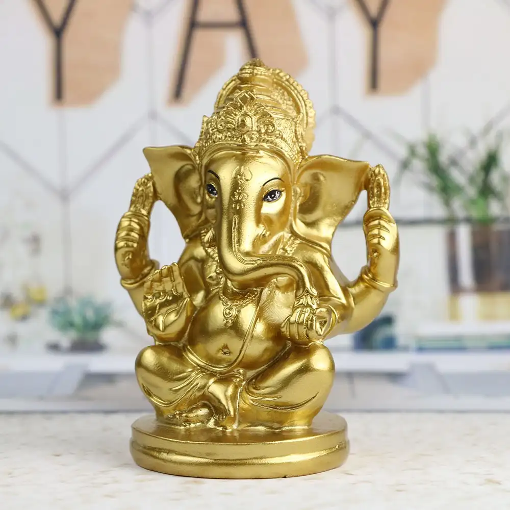4,72 pulgadas de alta pintura de la mano de piedra de Color oro Dios indio Ganesha estatua para decoración de coche hindú Lord Ganesh