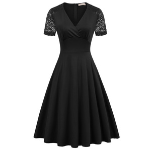 DEBP0023 femme Manches Courtes Surplis Col En V Dentelle Patchwork Évasé <span class=keywords><strong>Robe</strong></span> Trapèze - Product Image 1