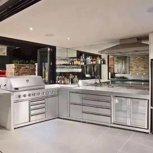 Desain Kabinet Dapur Baja Tahan Karat Desain Troli Kustom Bentuk L dengan BBQ