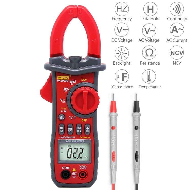 Digital Clamp Meter amperimetro tong tester pinza amperometrica DC/AC Voltage AC Current Temperature Frequency Duty UA2008B