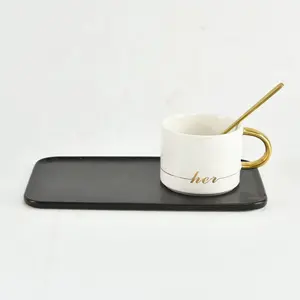 Taza de café de cerámica con decoración dorada para pareja, regalo de San Valentín, con platillo rectangular