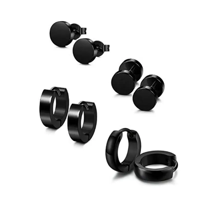 Black Stainless Steel Earrings Set for Men Huggie Tunnel Stud Pierced Earrings
