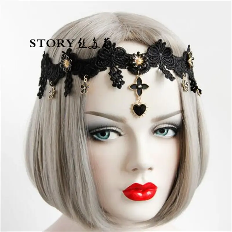 vintage halloween devil gothic queen lace flower beaded crown tiara elastic headband hair band