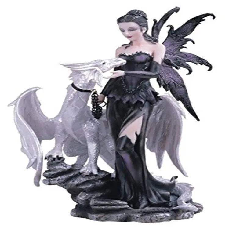 Venta caliente hecho a mano personalizado Polyresin Hada negra con blanco dragón estatua