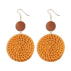 New Trendy Handmade Rattan Weave Drop Earrings With Wooden Bead Bamboo Dangle Earrings For Women Ladies Jeweries Earing