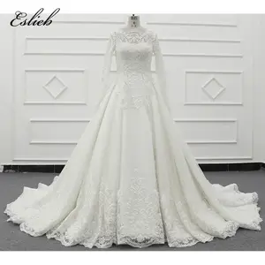 Stunning full sleeves full beaded bodice bridal dress robe de bal manche longues a line Muslim wedding dress gown