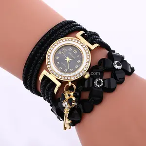 Relógio feminino de quartzo, relógio de quartzo de luxo com pulseira de couro e cristal, com relógio de pulso