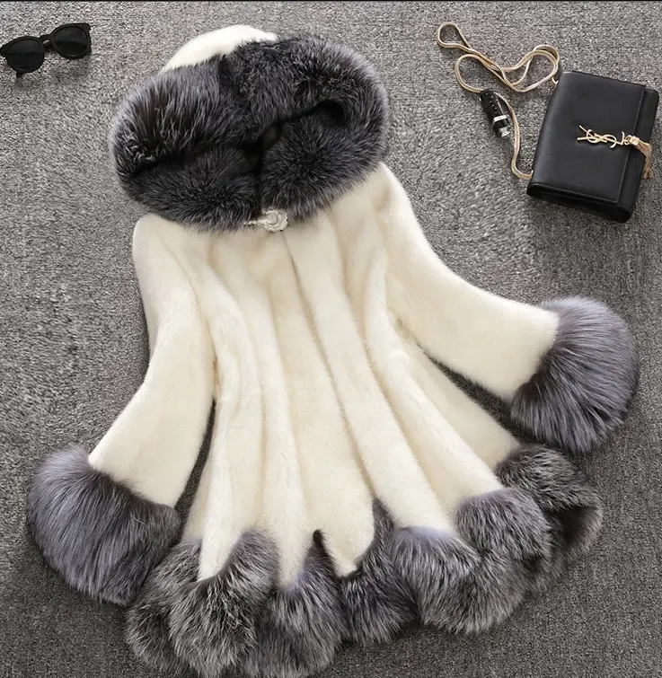 Fashion White Black Faux Mink Fur Coat&Parka Coat Jacket WIth Hood Leopard For Womens