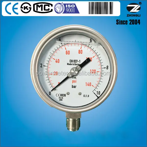 bourdon pressure gauge for sale 140psi 10 bar dial size 4inch-100mm EN837-1