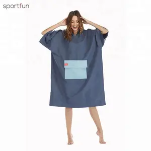 New style blue hooded beach towel with green stowable pocket