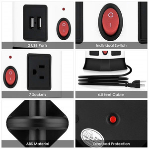 10A 125V 7 Outlet tapones <span class=keywords><strong>Protector</strong></span> contra sobretensiones con 2 USB <span class=keywords><strong>de</strong></span> tiras <span class=keywords><strong>de</strong></span> Torre - Product Image 4