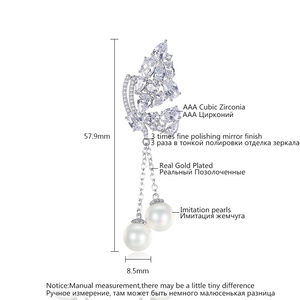 LUOTEEMI Phụ Nữ Cưới Trang Sức Bạc Màu Thời Trang CZ Pha Lê Bướm Với Ngọc Trai Tổng Hợp Dài Dangle Drop Earrings - Product Image 2